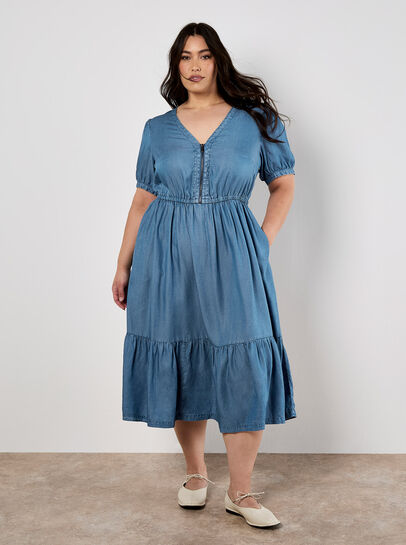 Denim Zip Tiered Midi Dress