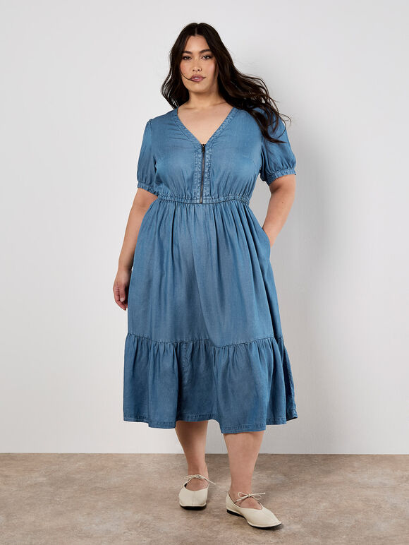 Denim Zip Tiered Midi Dress, Blue, large