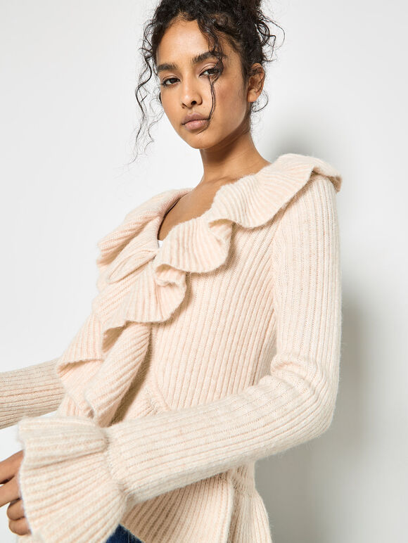 Ruffle Ribbed Knit Cardigan, Stone, large