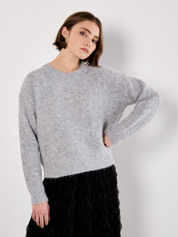 Bow Back Shimmer Fluffy Jumper, Grey, large