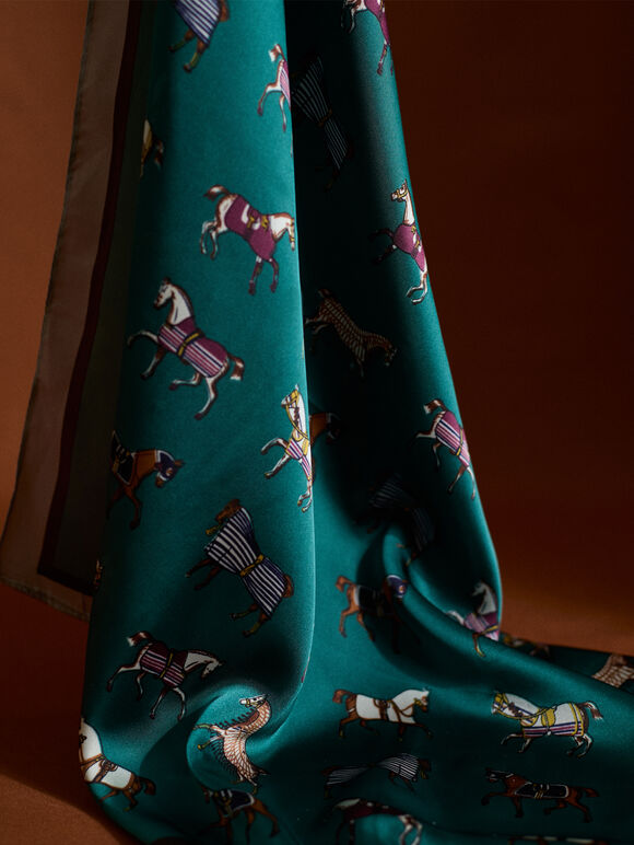 Printed Satin Scarf, Green, large