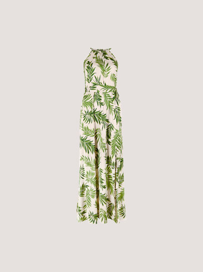 Tropical Leaf Satin Halter Neck Maxi Dress