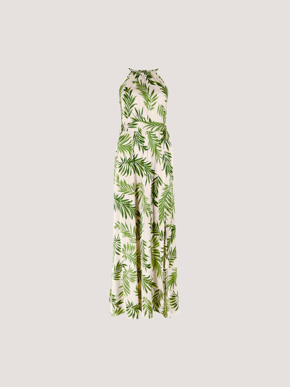 Tropical Leaf Satin Halter Neck Maxi Dress, Stone, large