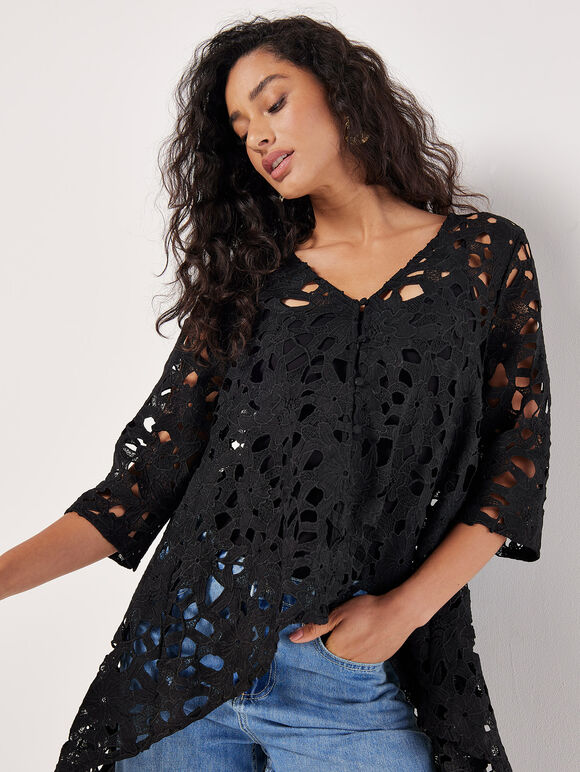 Guipure Lace High-Low Cardigan, Black, large