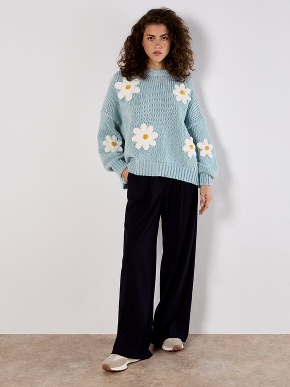 Embroidered Daisies Jumper, Blue, large