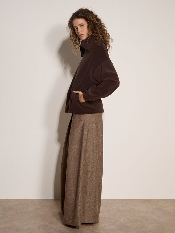 Funnel Neck Teddy Borg Fleece Jumper, Brown, large