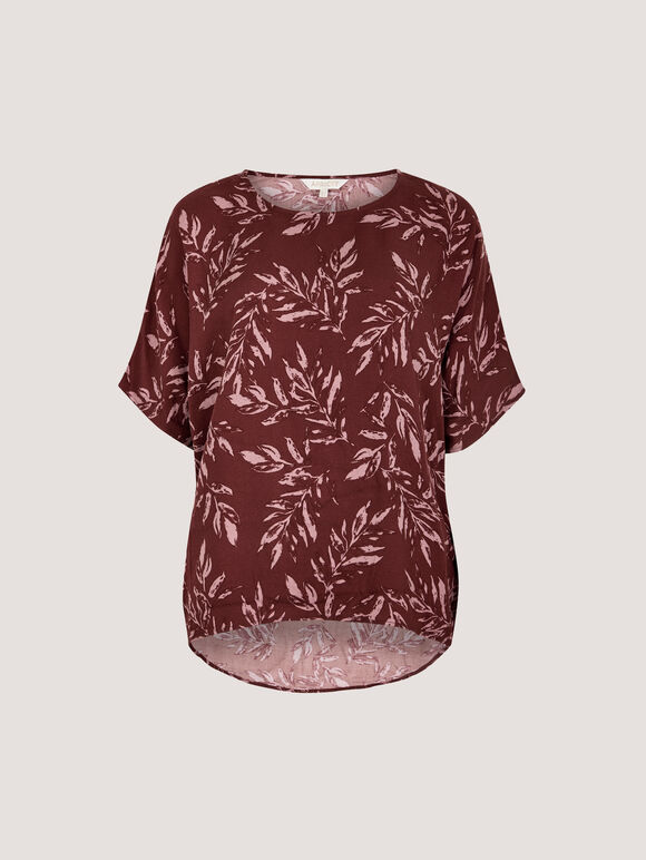 Leaf Print Woven T-Shirt, Burgundy, large