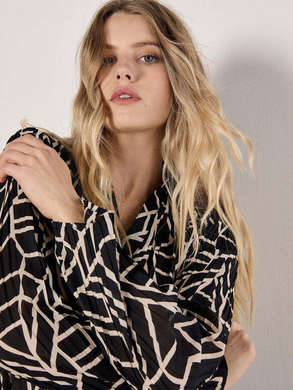 Geo Print Sheer Plisse Shirt, Black, large