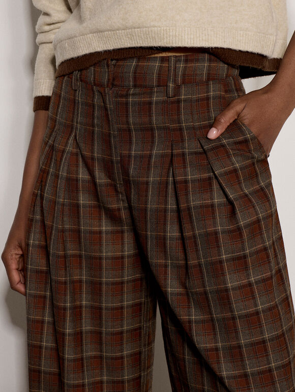 Check Print Tailored Wide-Leg Trousers, Brown, large