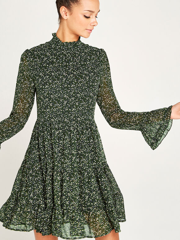 Micro Ditsy Tiered Chiffon Dress, Green, large