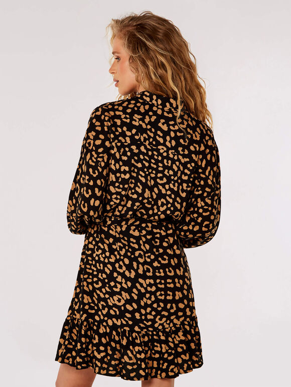 Leopard Print Shirt Mini Dress, Black, large
