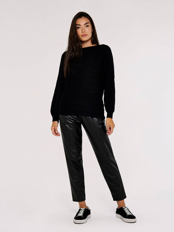 Cable Stripe Batwing Aran Jumper, Black, large