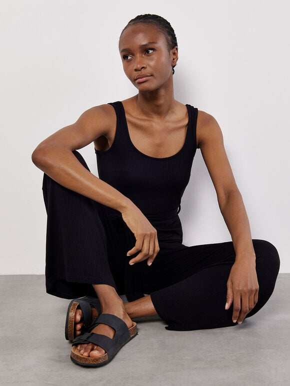 Sleeveless Ribbed Jersey Jumpsuit, Black, large