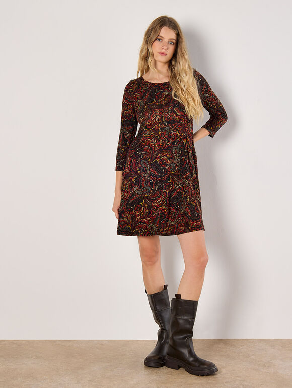 Jersey Knit Paisley Mini Dress, Orange, large