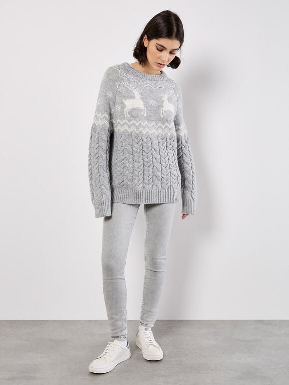Reindeer Chunky Cable Knit Jumper, Grey, large