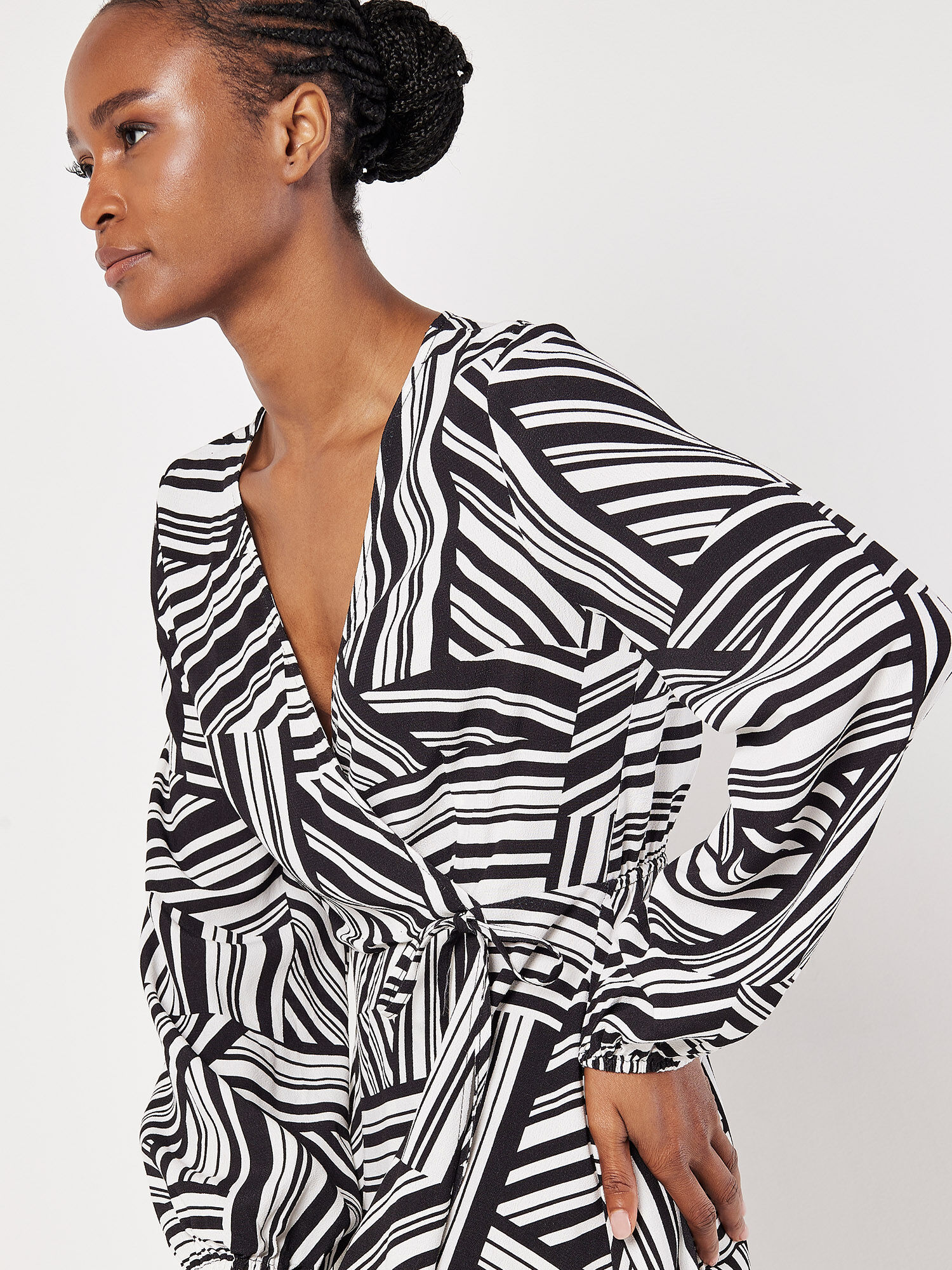 Mixed Stripes Mini Wrap Dress Apricot Clothing