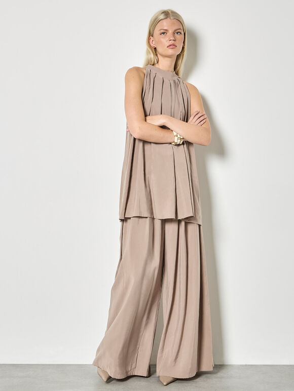 Soft Pleat Wide-Leg Trousers, Stone, large