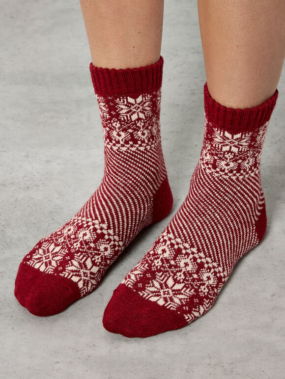 Snowflake Fair Isle Socks, Red, large