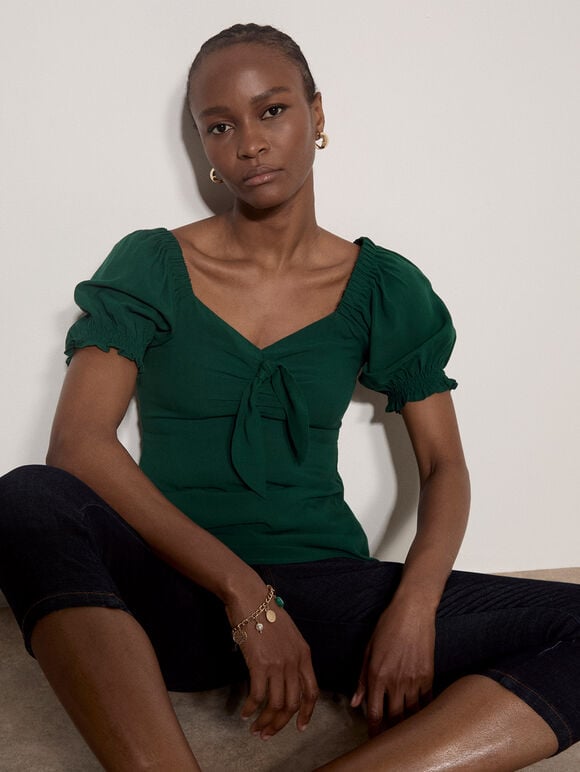 Tie Front Milkmaid Top, Green, large