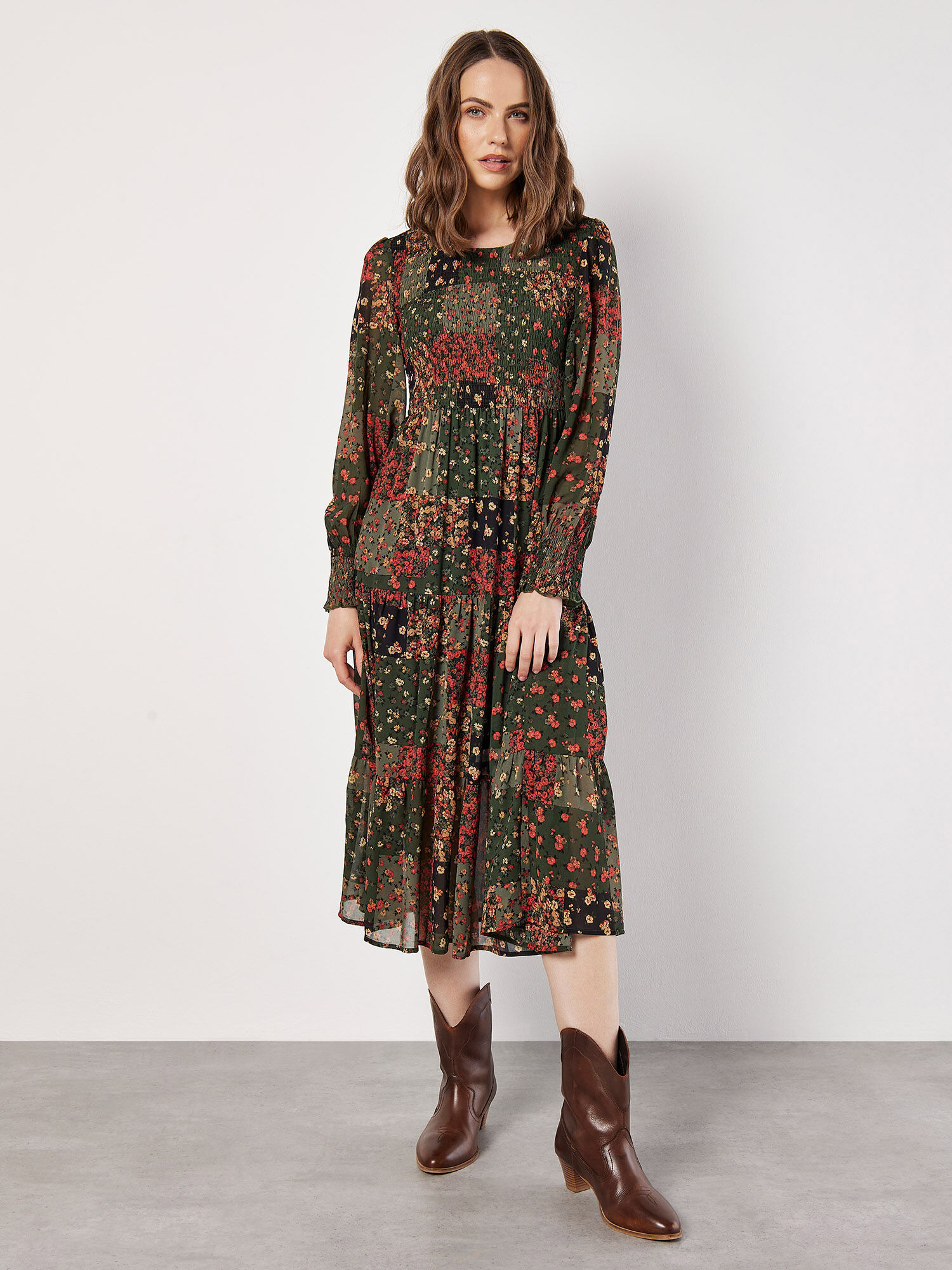 Patchwork Chiffon Midi Dress Apricot Clothing