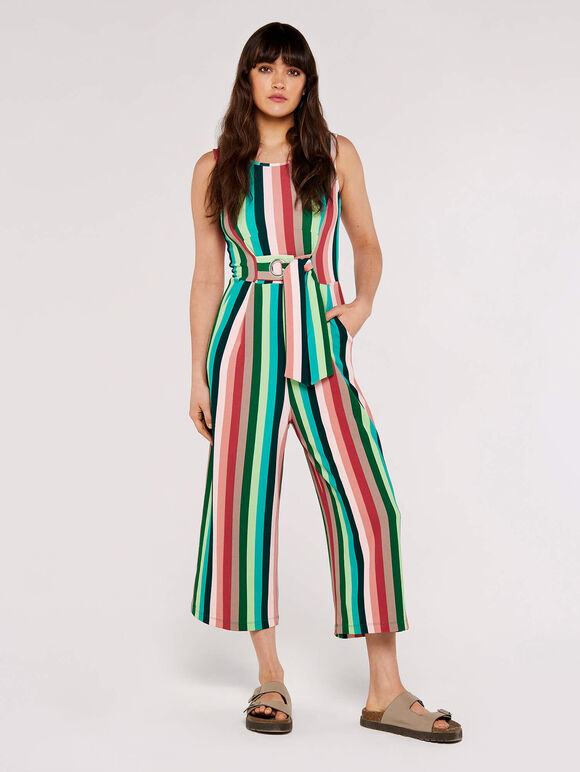 Multi-stripe Tie Waist Jumpsuit, Green, large