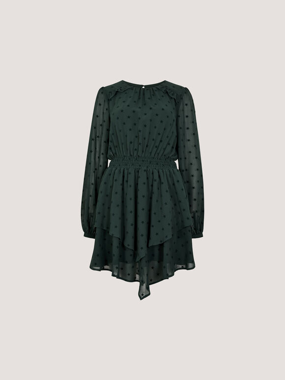 Crepe Velvet Star Tiered Mini Dress, Green, large