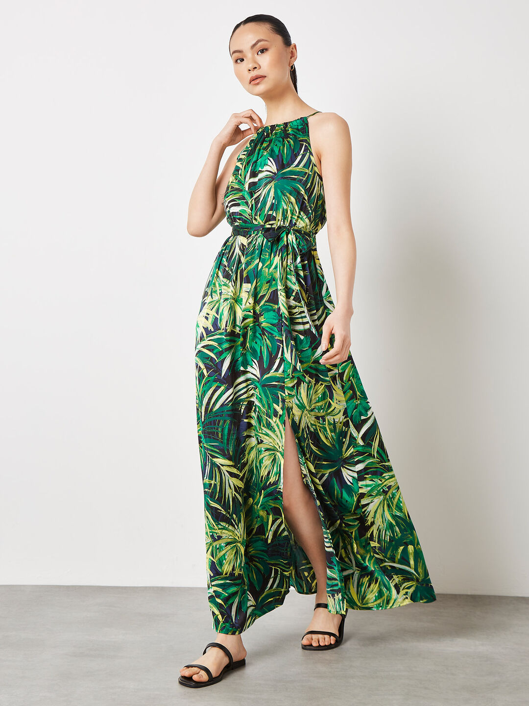 Tropical Leaf Satin Maxi Dress