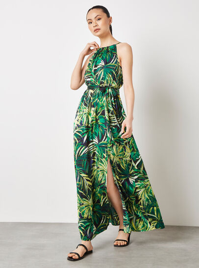 Tropical Leaf Satin Maxi Dress