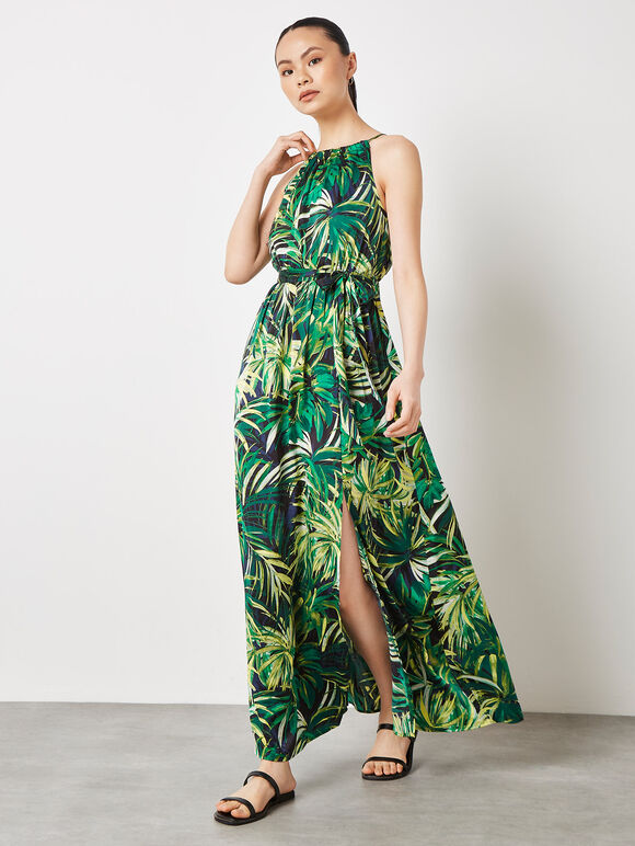 Tropical Leaf Satin Midi Dress, Navy, large