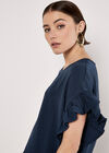 Ruffle Trim Woven Top, Navy, large