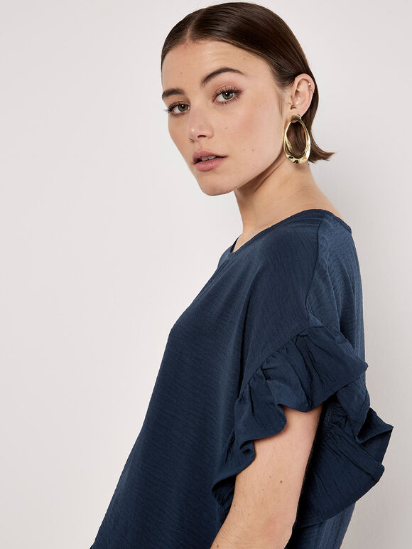 Ruffle Trim Woven Top, Navy, large