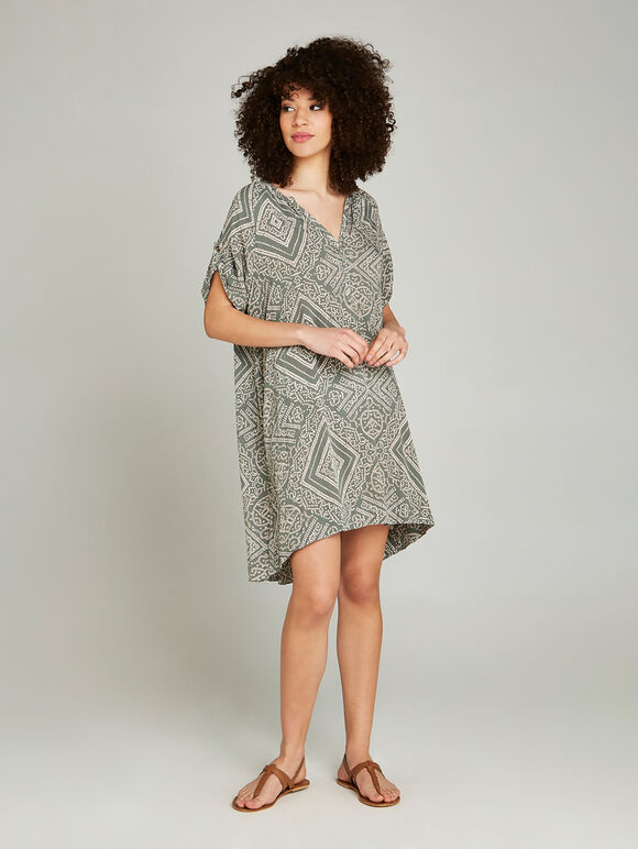 Khaki Dotted Tribal Print High Low Dress, Khaki, large