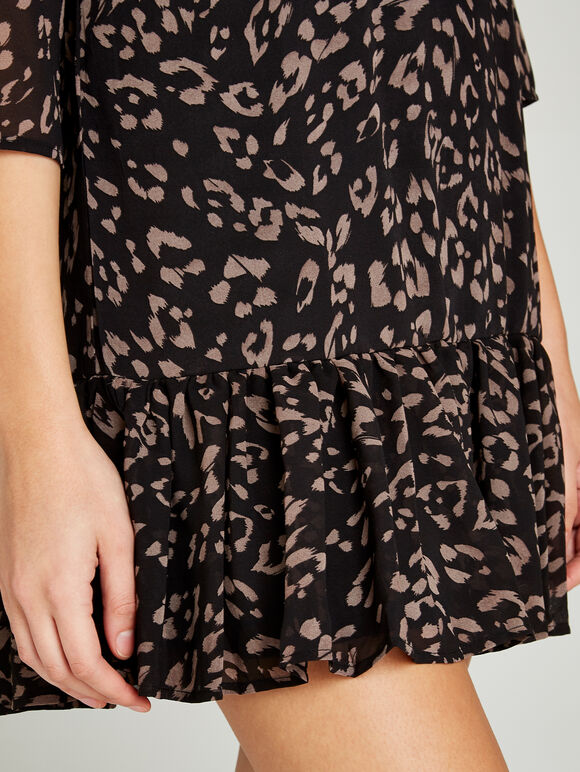 Black Leopard Chiffon Ruffle Hem Dress, Black, large