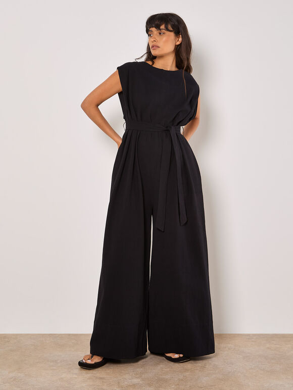 Wide Leg Cotton Jumpsuit, Black, large