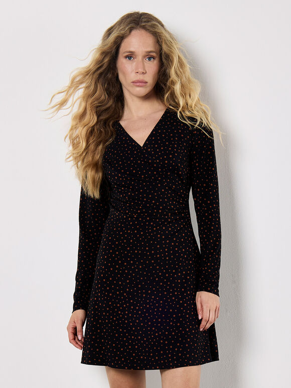 Polka Dot Wrap Ruched Mini Dress, Black, large