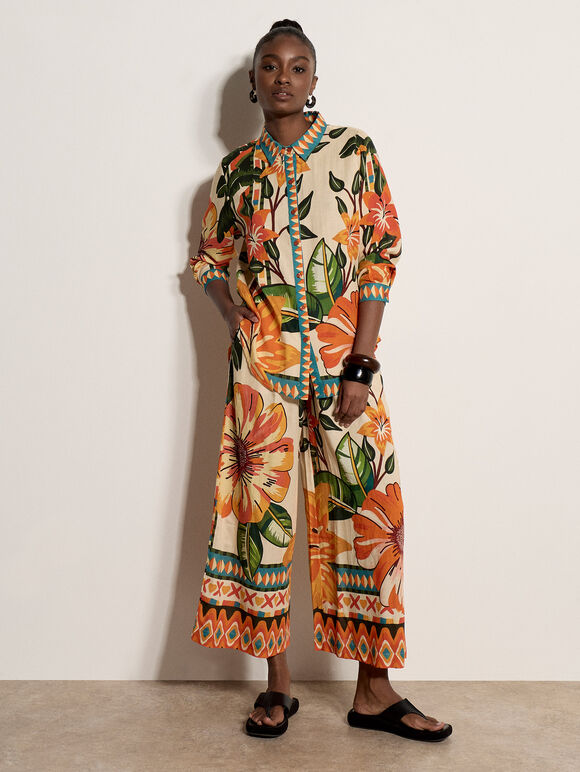 Tropical Floral Print Shirt, Stone, large