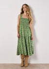Orchid Print Smocked Midi Dress, Green, large
