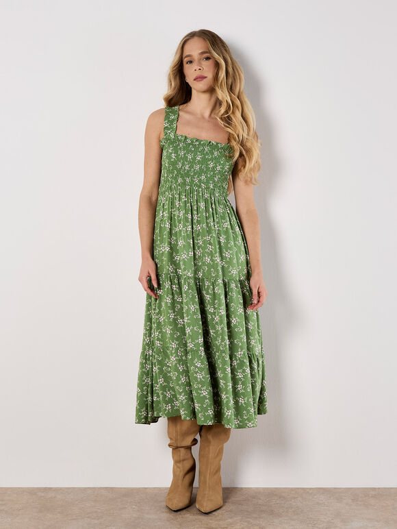 Orchid Print Smocked Midi Dress, Green, large
