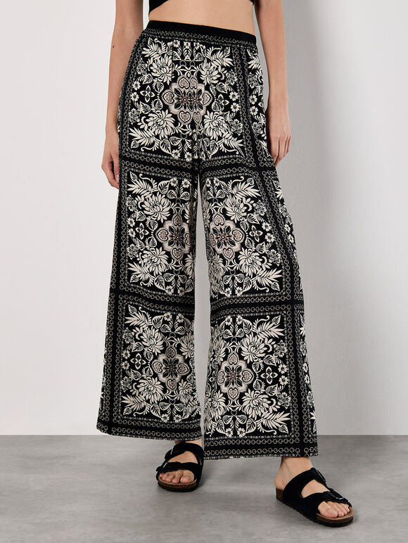 Scarf Print Flare Trousers, Black, large