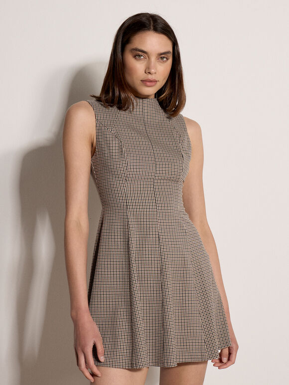 Heritage Check Fit And Flare Mini Dress, Brown, large