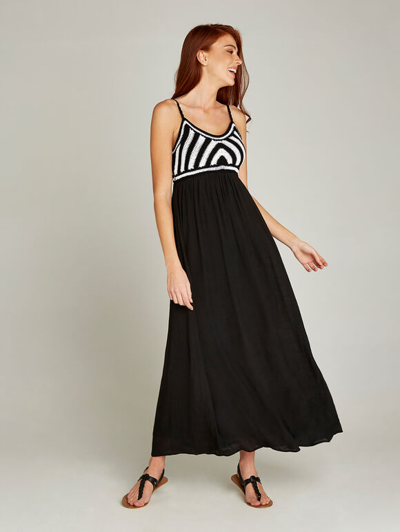 Black Crochet Stripe Maxi Dress, Black, large