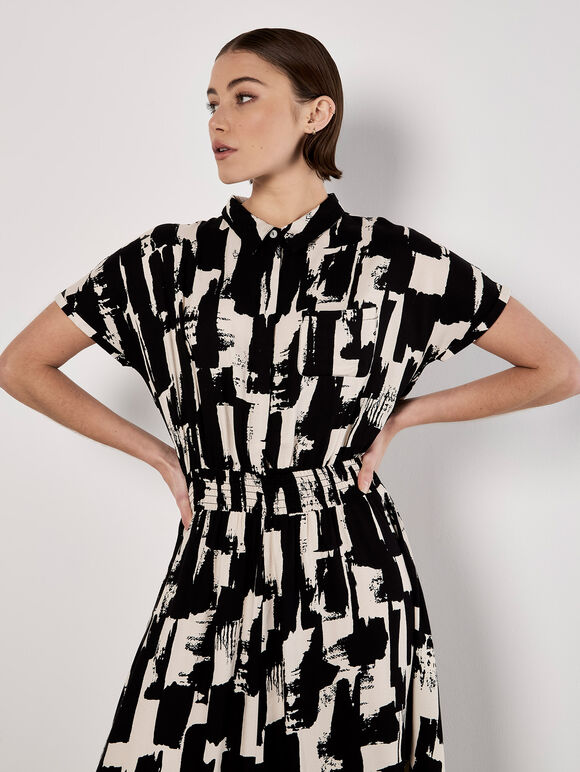Brushstroke Squares Utility Midi Dress, Black, large