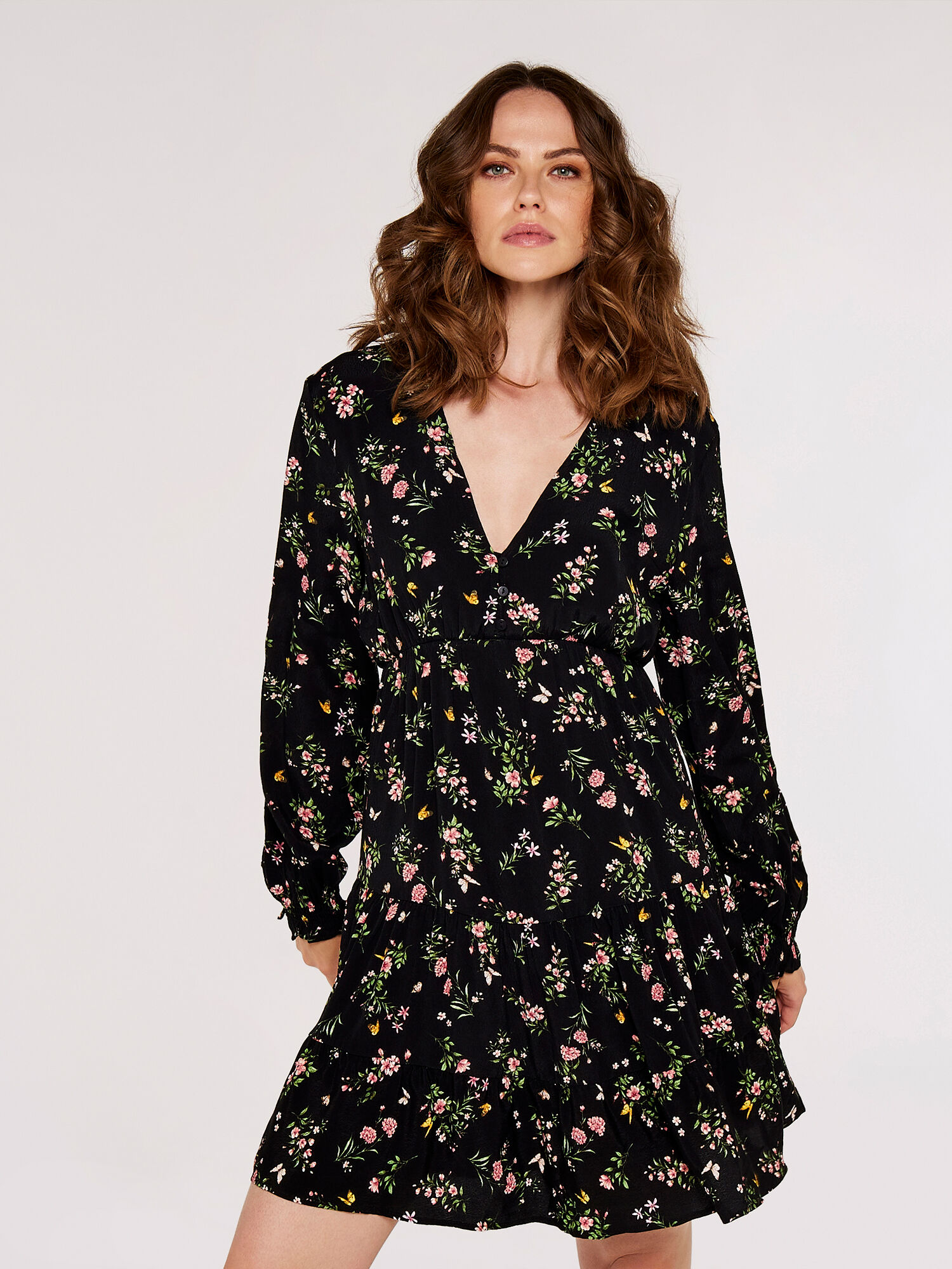 Floral Tiered Dress Apricot Clothing