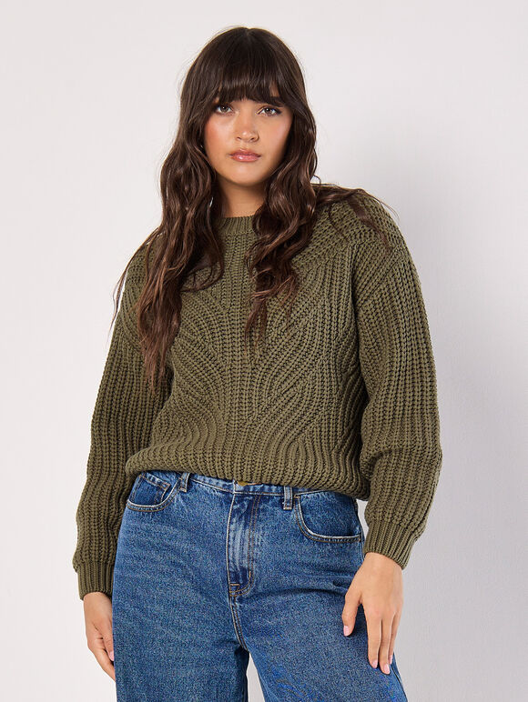 Chunky Cable Knit Jumper, Khaki, large