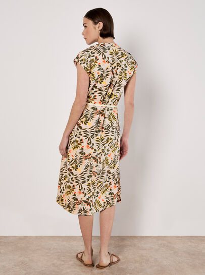 Belted Leaf Print Midi Shirt Dress