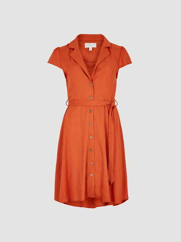 Linen Blend Shirt Mini Dress, Orange, large