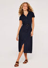 Linen Blend Belted Shirt Midi Dress, Navy, large