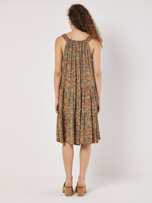 Paisley Floral Swing Mini Dress, Khaki, large