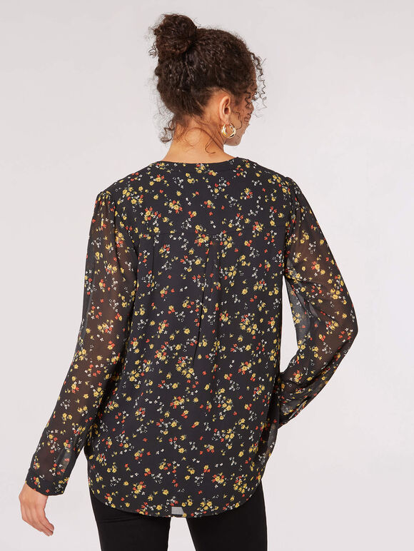 Vintage Floral Pintuck Pleat Blouse , Black, large