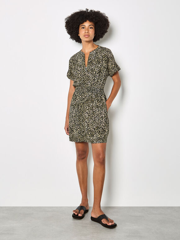 Leopard Print Zip-Down Mini Dress, Khaki, large
